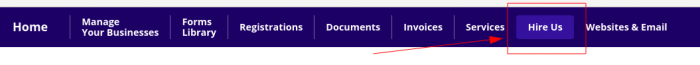 An image of the menu bar from an A Registered Agent Inc. online account with an arrow pointing to "Hire Us."