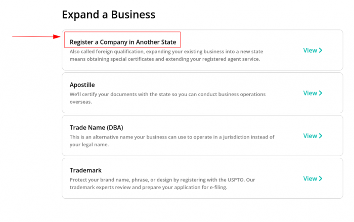 A menu of services from an A Registered Agent Inc. online account with a red arrow pointing to "Register a Company in Another State."