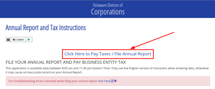 Screenshot of Delaware's Annual Report and Tax Instructions.