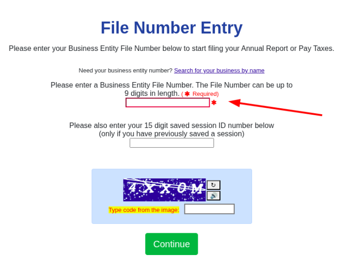 Screenshot of the "File Number Entry" step as part of Delaware's online annual report filing.
