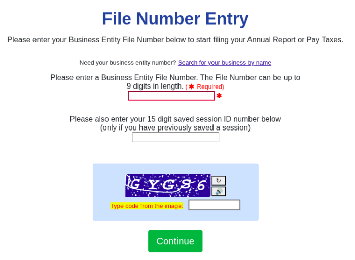 Screenshot of the "File Number Entry" page that's part of paying the Delaware LLC Annual Tax online.